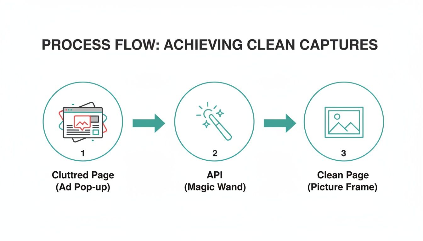 Process flow illustrating how an API transforms a cluttered webpage with ads into a clean capture.