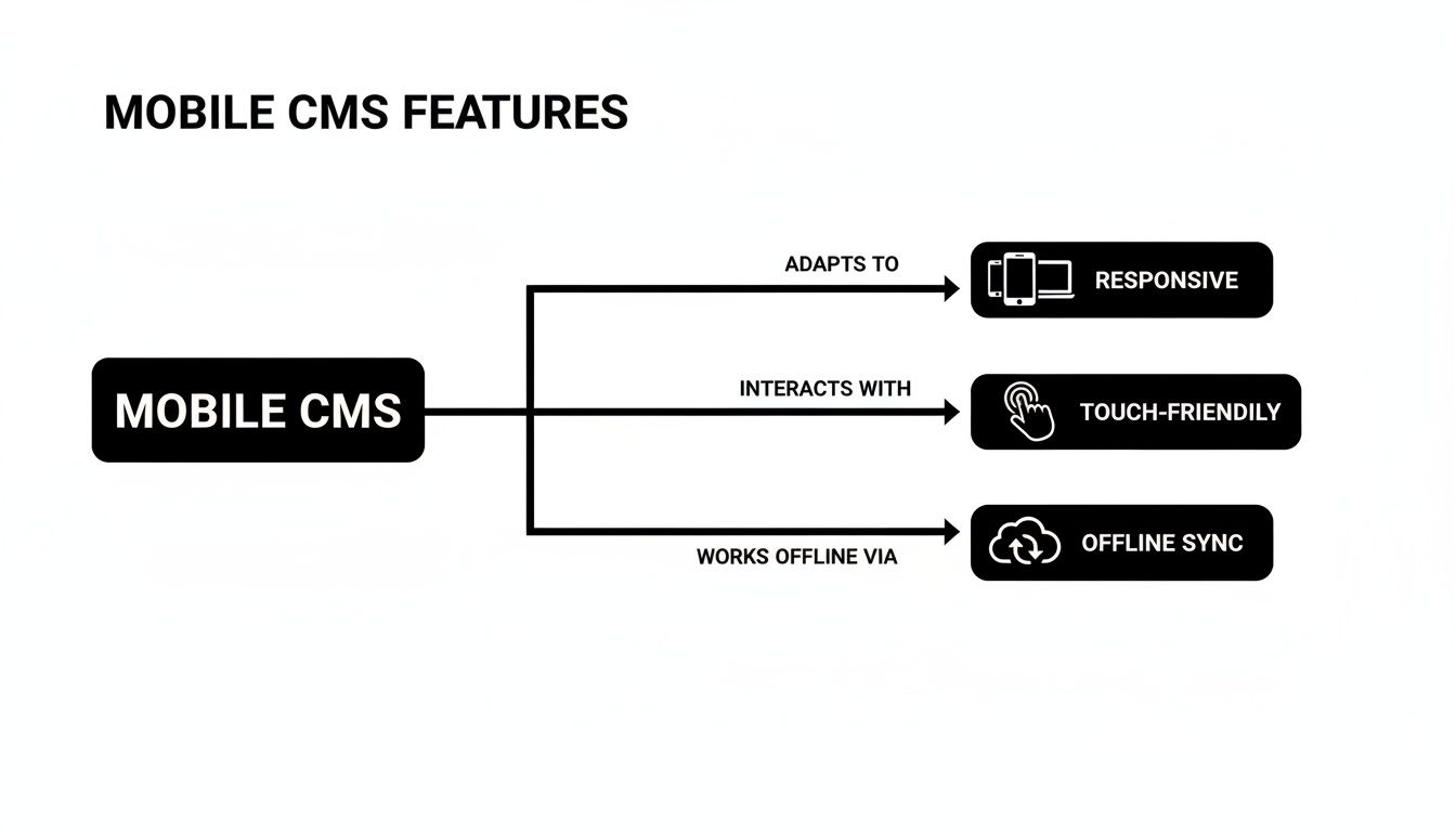 A flowchart illustrating the key features of a Mobile CMS, including responsive design, touch-friendliness, and offline synchronization.