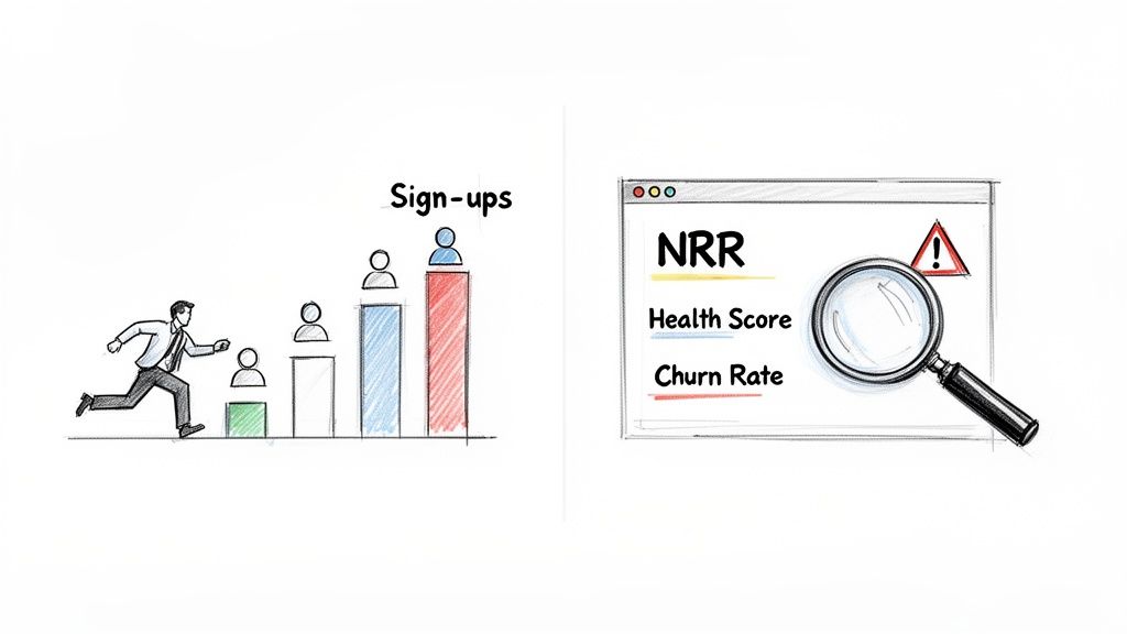A man runs towards growing sign-ups, while customer success metrics NRR, Health Score, Churn Rate are analyzed.