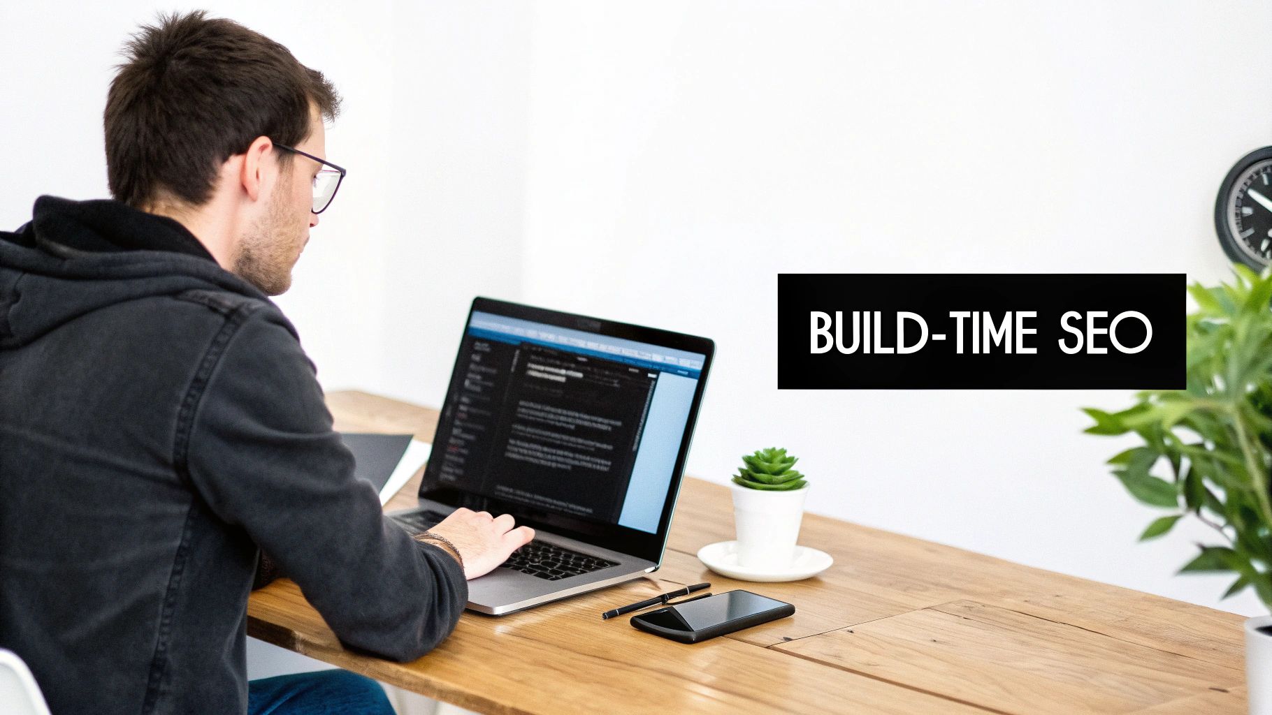 A man in glasses and a hoodie working on a laptop at a wooden desk with a phone and plants.