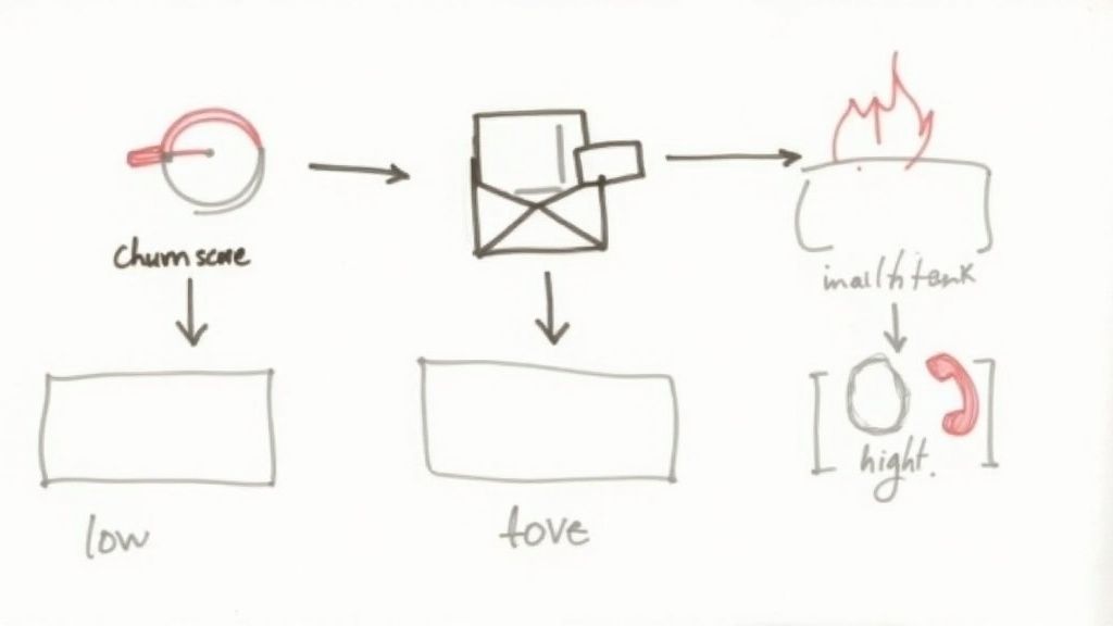 A diagram illustrates a customer churn prediction and engagement process flow.