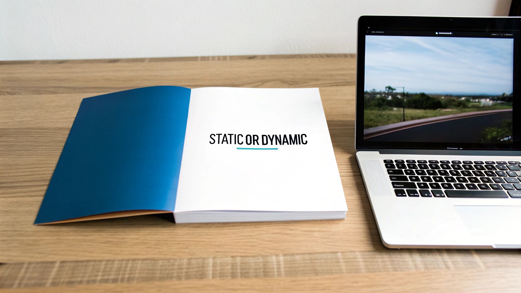An open book titled 'STATIC OR DYNAMIC' and a laptop displaying a road scene on a wooden desk.