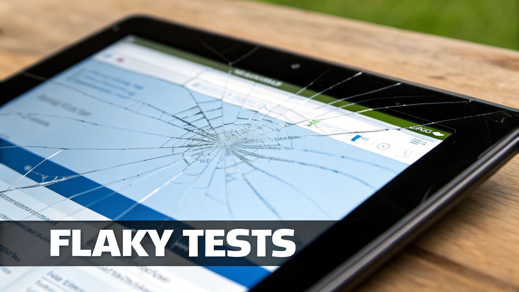 A black tablet with a severely cracked screen displaying a web browser. The text 'FLAKY TESTS' is overlaid on the image.