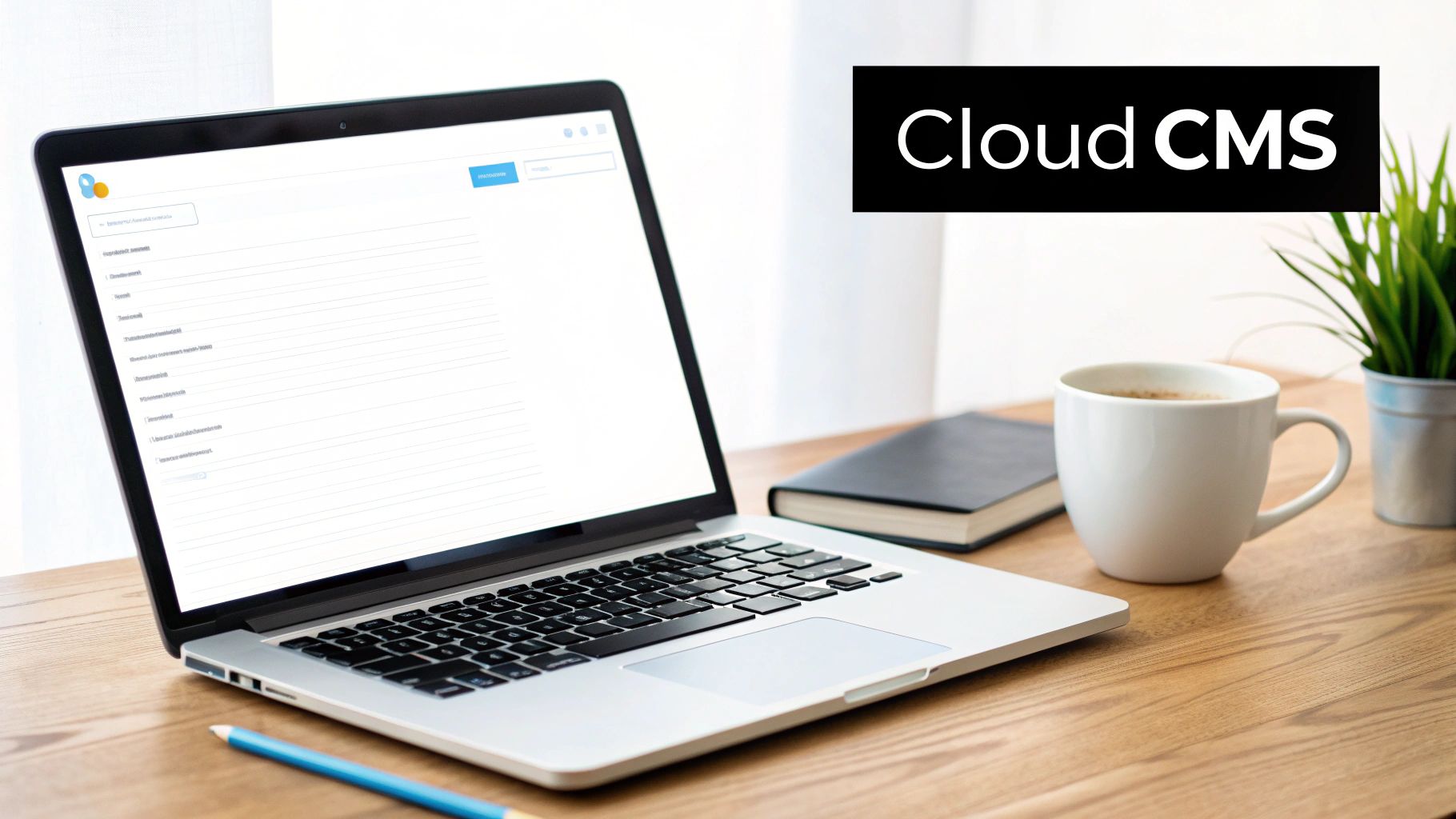 A laptop displaying a content management system (CMS) interface, with "Cloud CMS" banner, coffee, and book on a wooden desk.