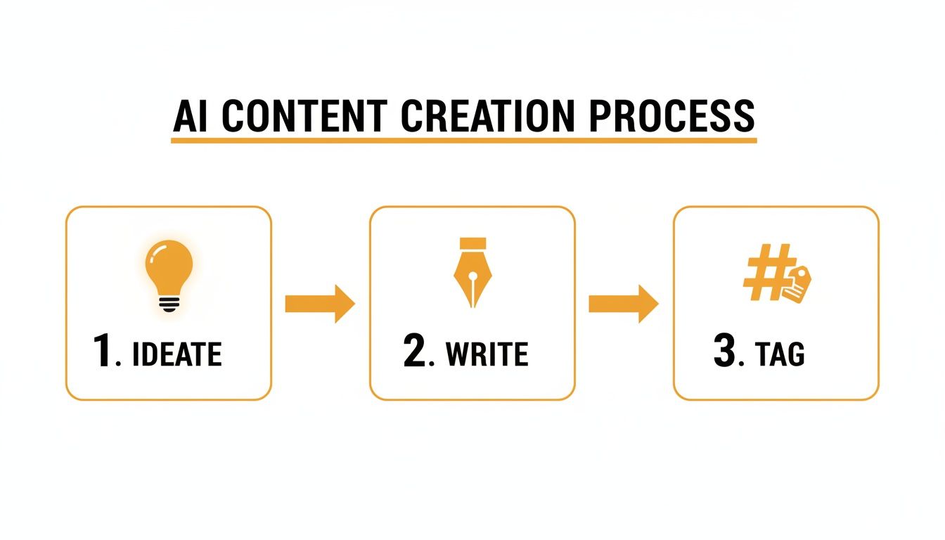 A three-step process for AI content creation: Ideate, Write, and Tag with icons.