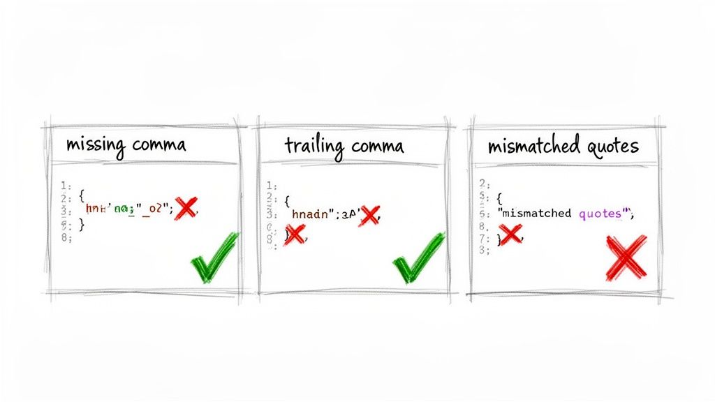 Illustrates common JSON syntax errors: missing comma, trailing comma, and mismatched quotes with code examples.