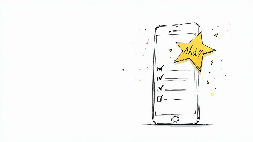 Hand-drawn smartphone displaying a checklist with completed tasks and a 'Aha!!' star.