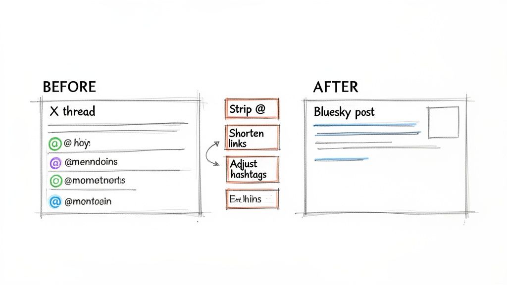 Diagram showing an X thread transforming into a Bluesky post, highlighting content adjustments like stripping @ signs.