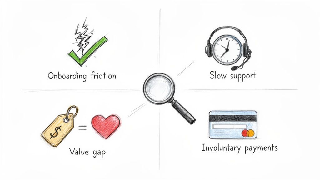 A magnifying glass highlighting four reasons for SaaS churn: onboarding friction, slow support, value gap, and involuntary payments.