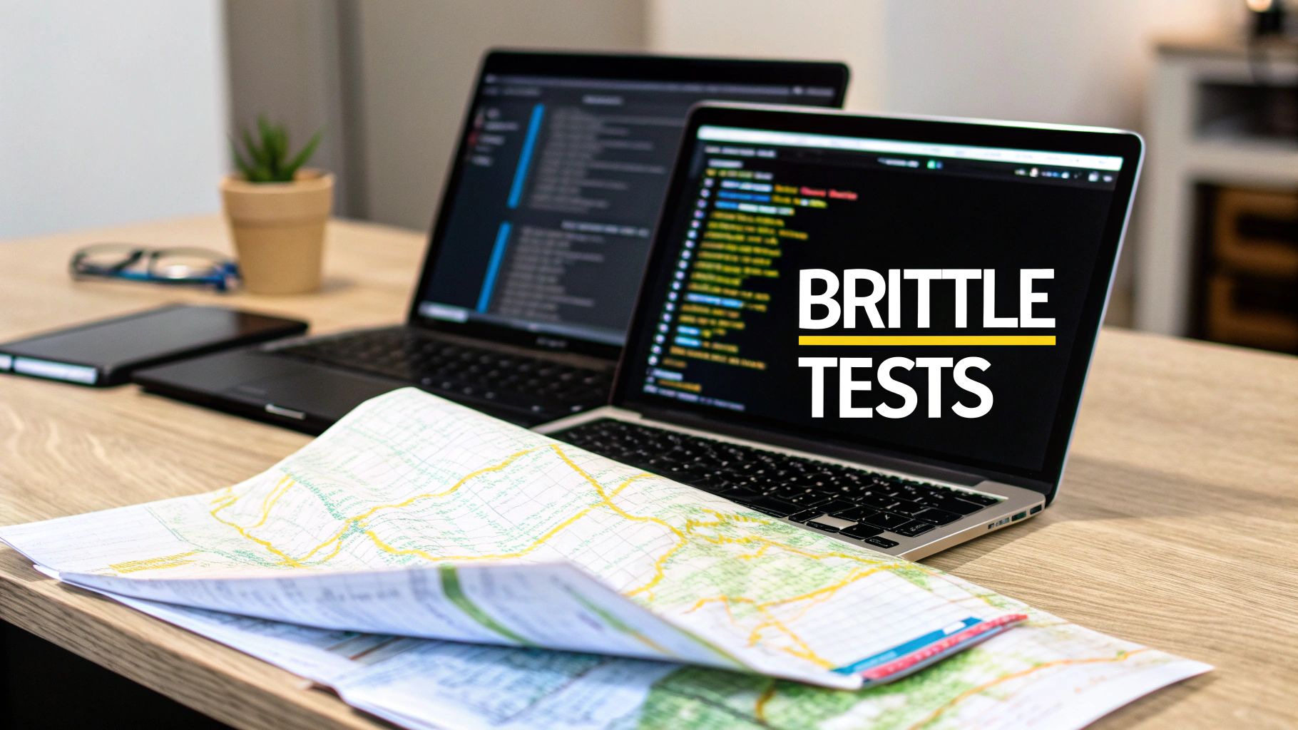 Two laptops on a wooden desk, one showing 'BRITTLE TESTS' text, with a map and plant.