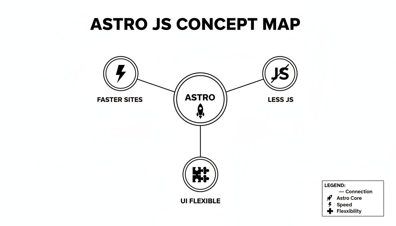 Astro JS concept map illustrating its benefits: faster sites, less JavaScript, and UI flexibility, with a rocket icon.