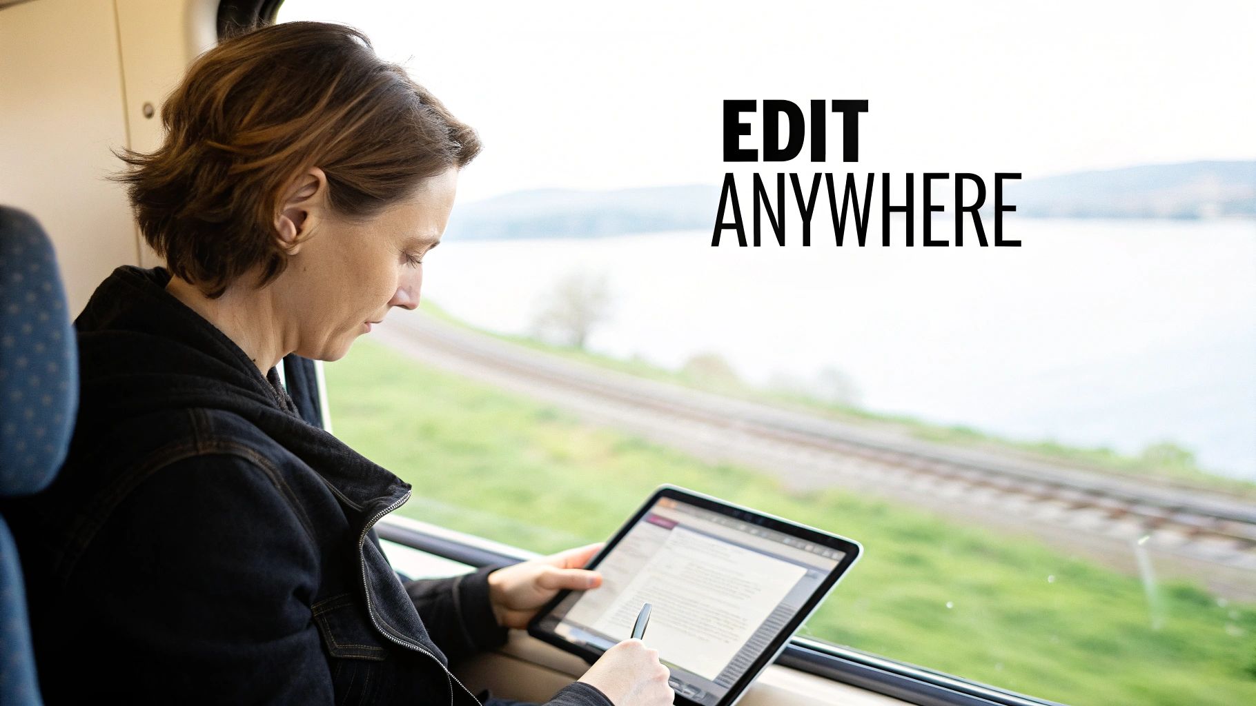 Woman editing on a tablet with a stylus while riding a train past a scenic landscape.