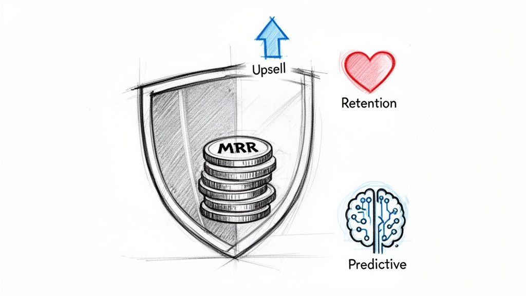 A sketch illustrating MRR coins within a shield, surrounded by concepts of Upsell, Retention, and Predictive analytics.