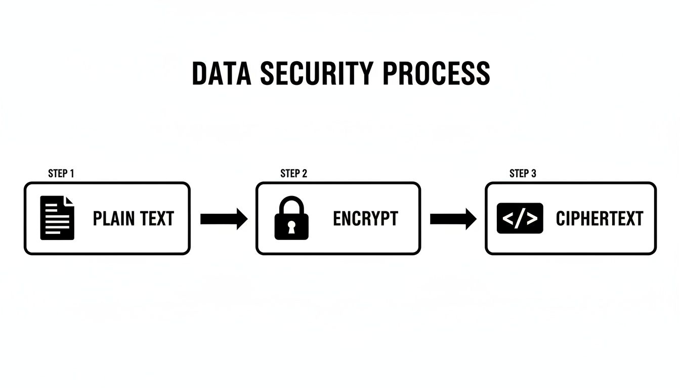 A diagram illustrating the three steps of a data security process: plain text, encrypt, and ciphertext.