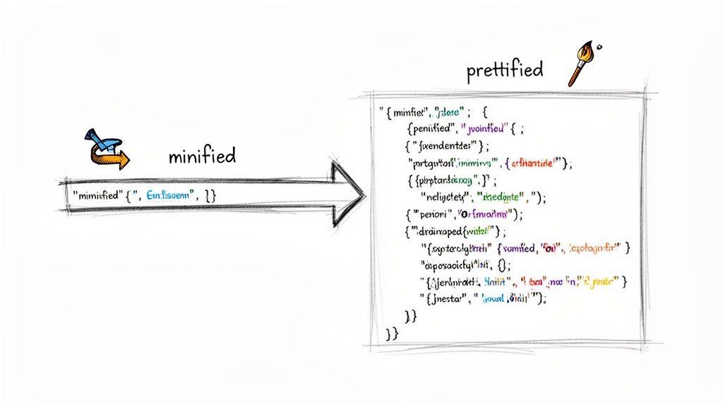 An arrow points from a minified string to a prettified, indented JSON object, illustrating data formatting.