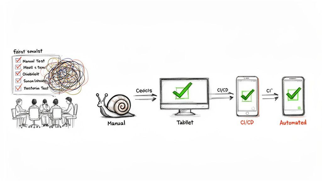 A diagram illustrating the transformation from slow, manual software testing processes to efficient, automated CI/CD workflows.