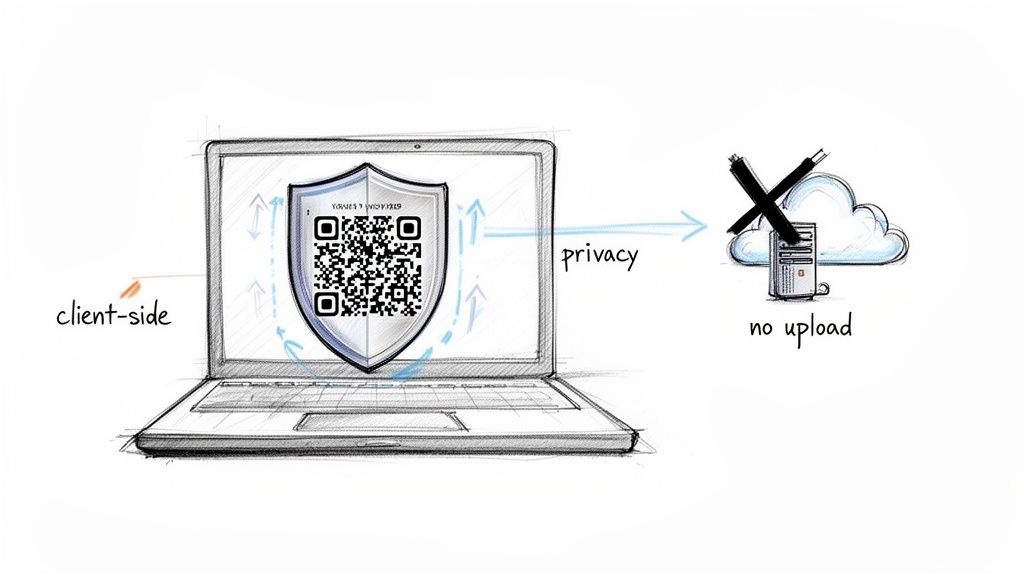 Diagram illustrating client-side QR code generation on a laptop, ensuring privacy with no cloud upload.