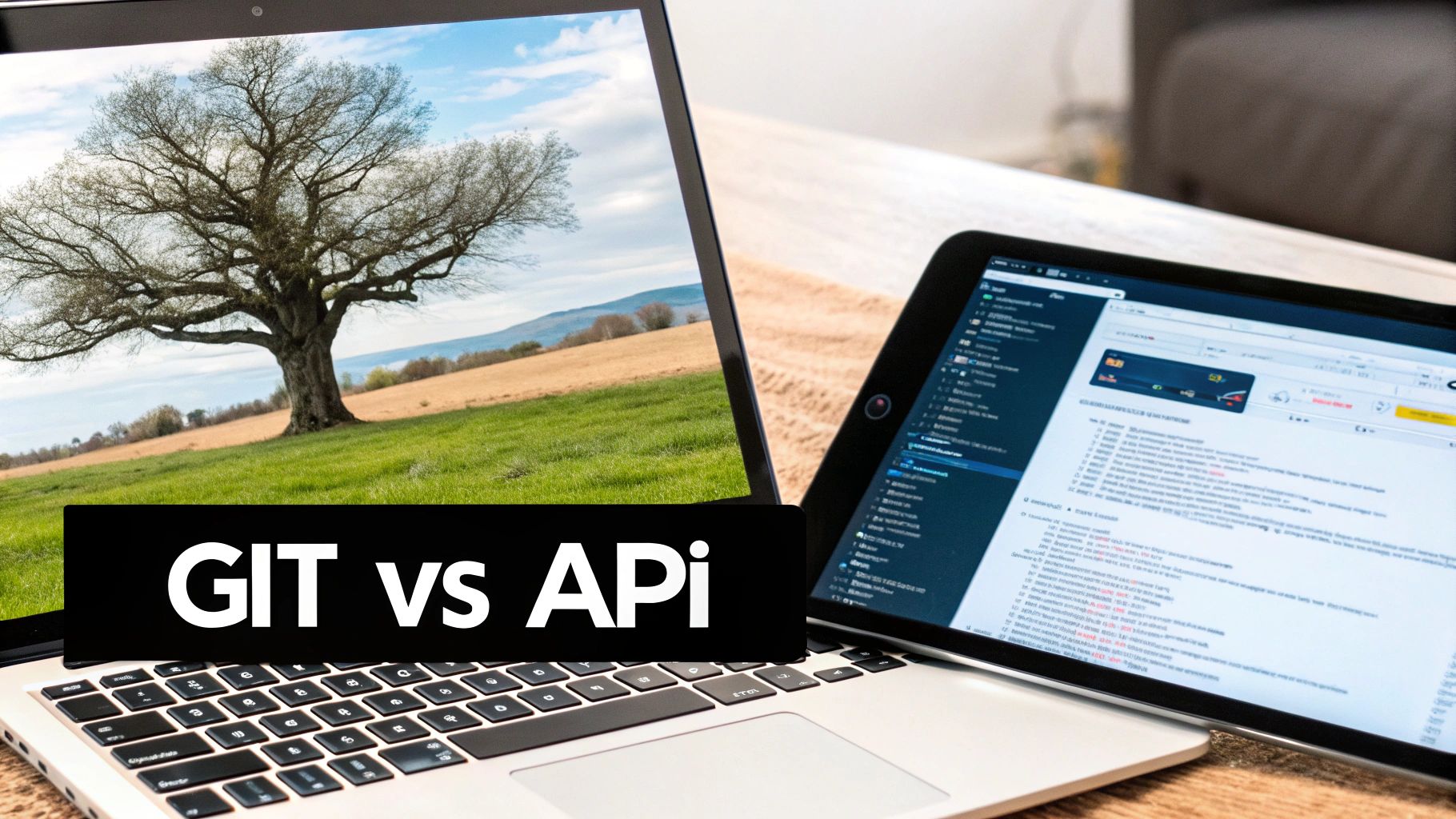 A laptop screen displays a scenic tree landscape and the text 'GIT vs API', with a tablet showing code beside it.