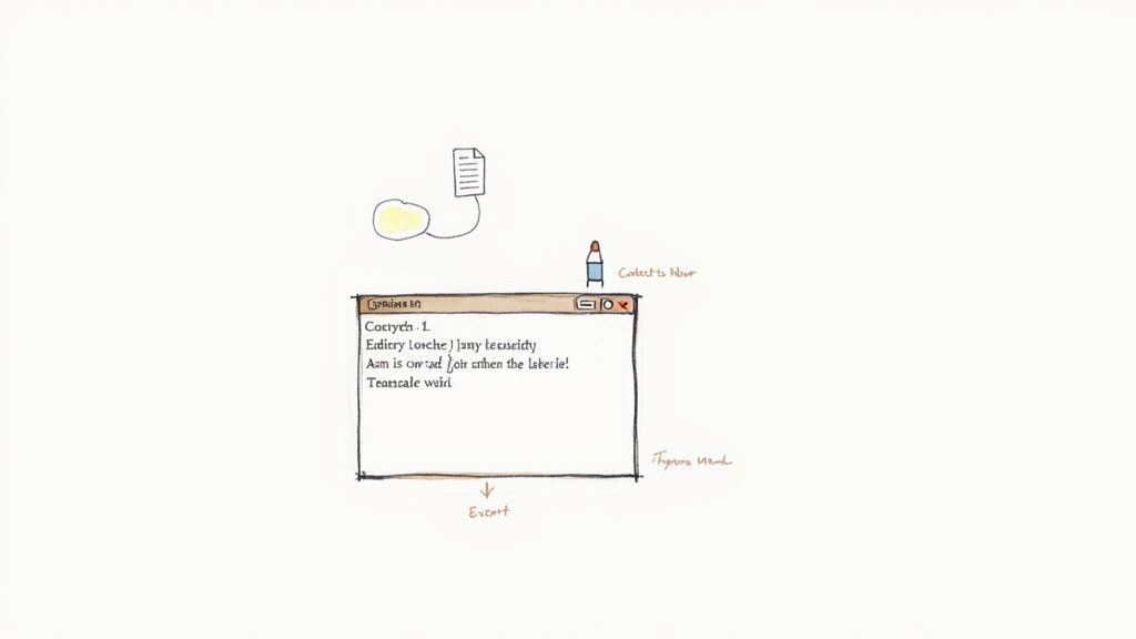 A hand-drawn illustration depicting a document, a pen, and a window with cryptic text labeled 'Excerpt'.