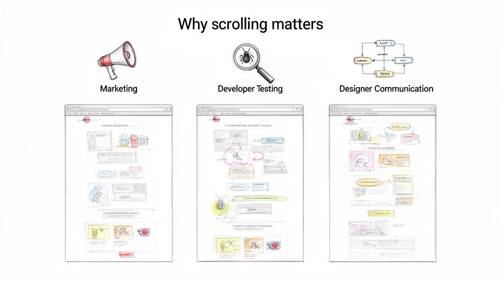 Diagram illustrating why website scrolling is crucial across marketing, developer testing, and design communication.