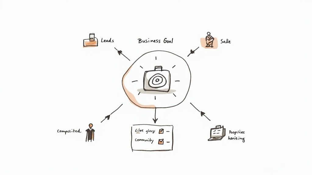 Hand-drawn business goal mind map showing leads, sales, competitors, and strategic priorities.