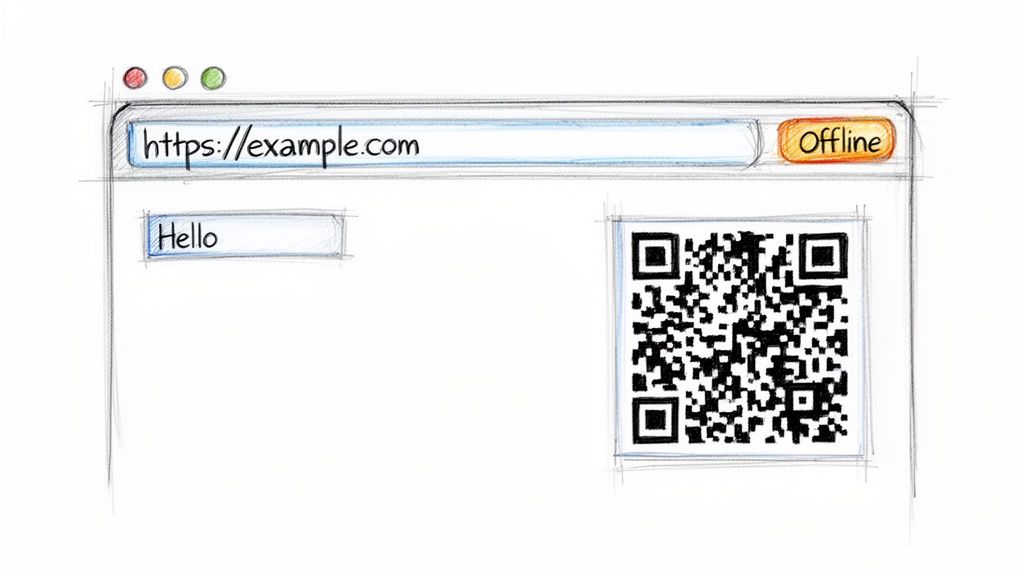 A hand-drawn sketch of a browser window with a URL, text input, an offline button, and a QR code.