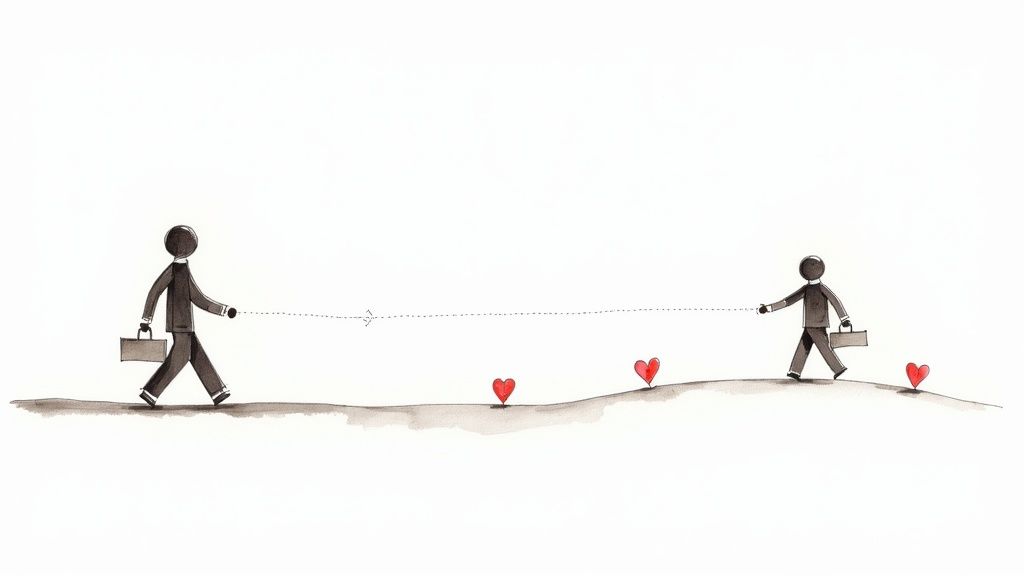 Illustration of two business stick figures walking apart, connected by a dotted line with red hearts.