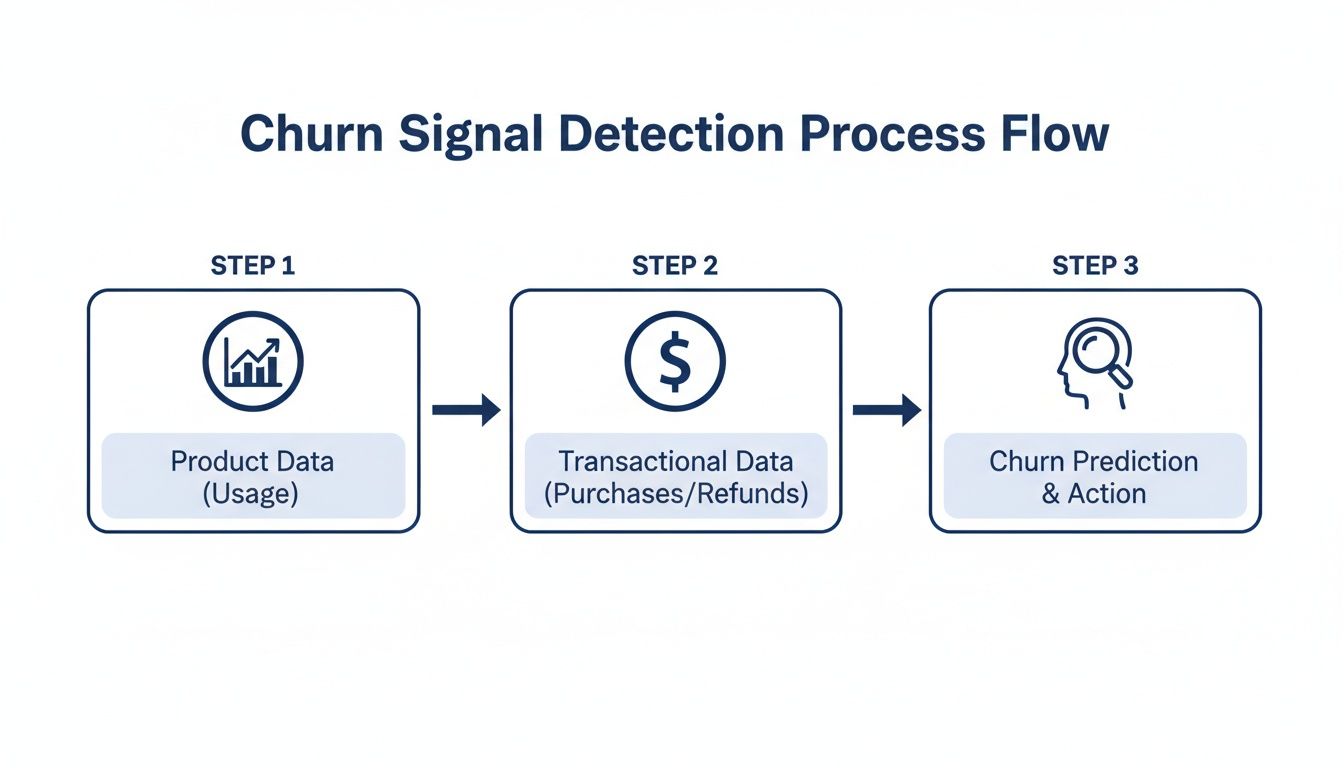 A three-step process flow diagram detailing churn signal detection using product and transactional data.