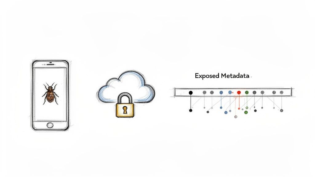 A smartphone with a bug, a secured cloud, and a diagram illustrating exposed metadata.