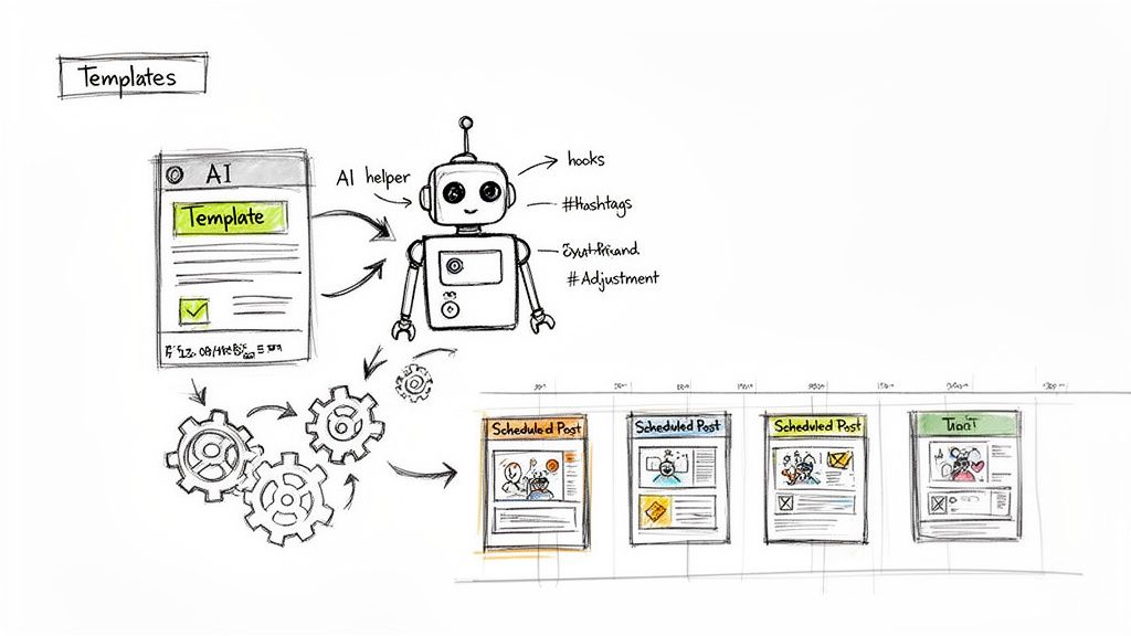 AI template processed by a robot helper generates scheduled social media posts along a timeline.