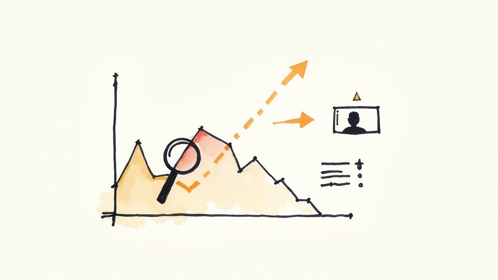Hand-drawn graph showing data trends, a magnifying glass, and arrows pointing to a user profile and a list.