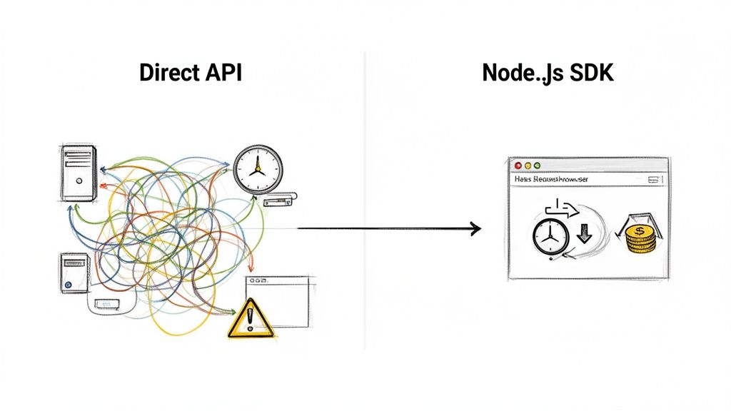 Visual comparison of tangled direct API complexity versus streamlined Node.js SDK for efficient development.