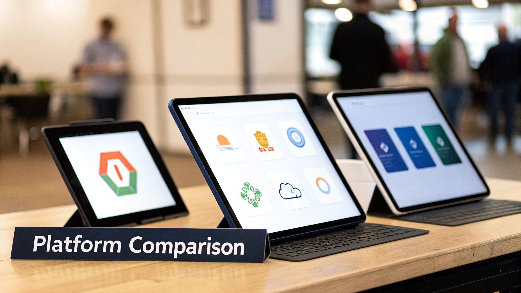 Three tablets displaying different software interfaces with a 'Platform Comparison' sign on a table.