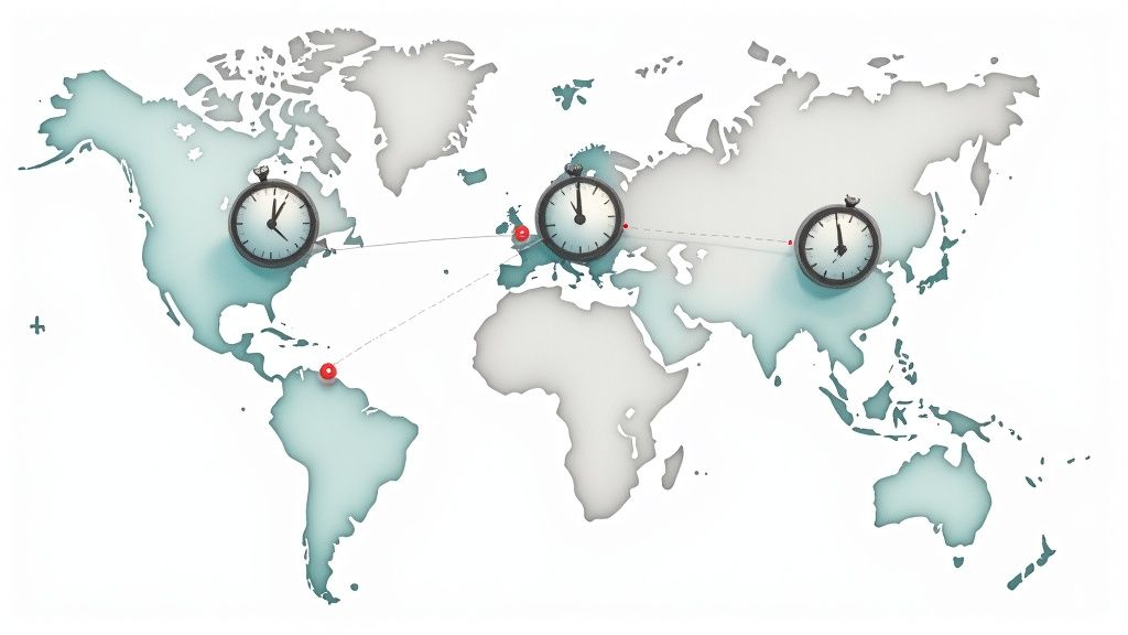 World map illustrating three clocks over North America, Europe, and Asia, linked by dashed lines, representing global time zones.