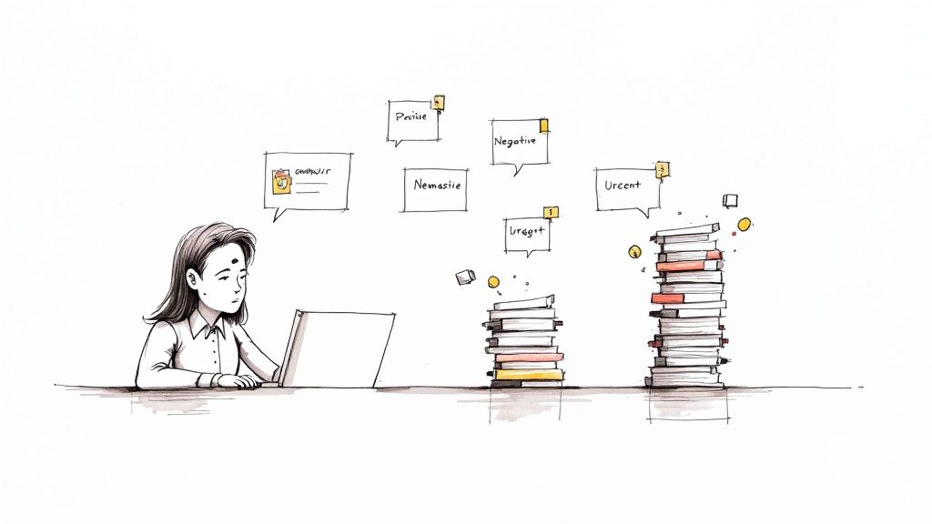 A person works on a laptop with speech bubbles categorizing comments like 'Positive', 'Negative', and 'Urgent', next to piles of documents.