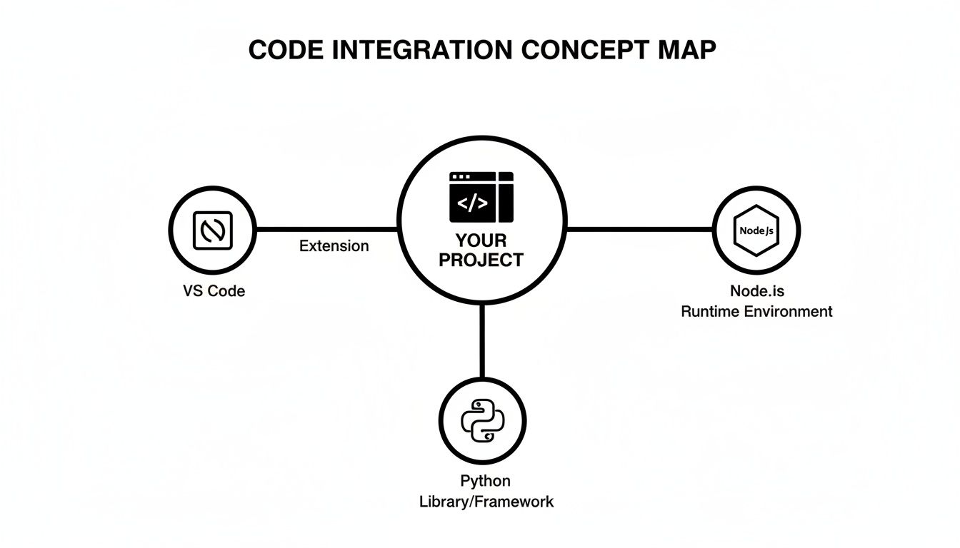 A concept map showing code integration for 'YOUR PROJECT' with VS Code, Node.js, and Python.