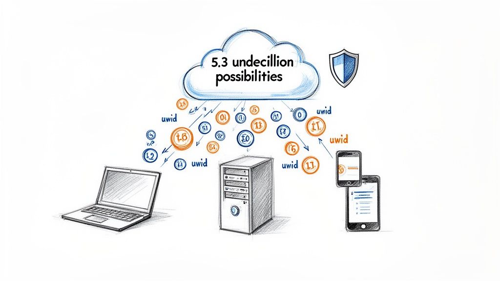 A diagram illustrates a cloud generating unique IDs, distributing them to a laptop, server, and smartphones, with a security shield.