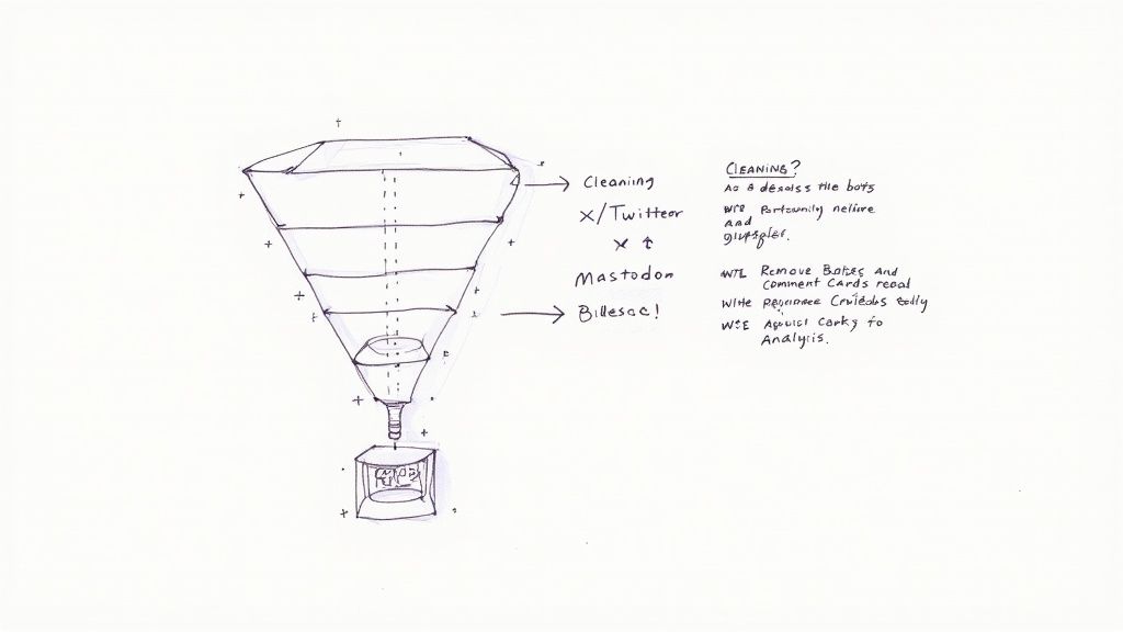 Hand-drawn funnel diagram illustrating a process of cleaning and analyzing comments from X/Twitter and Mastodon.