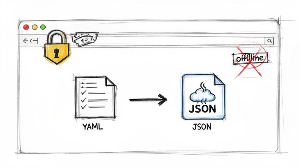 Secure online conversion from YAML to JSON, depicted inside a web browser window.