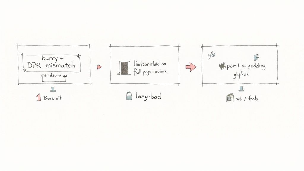 Hand-drawn diagram illustrates three stages of web rendering and display problems, including blur and font issues.
