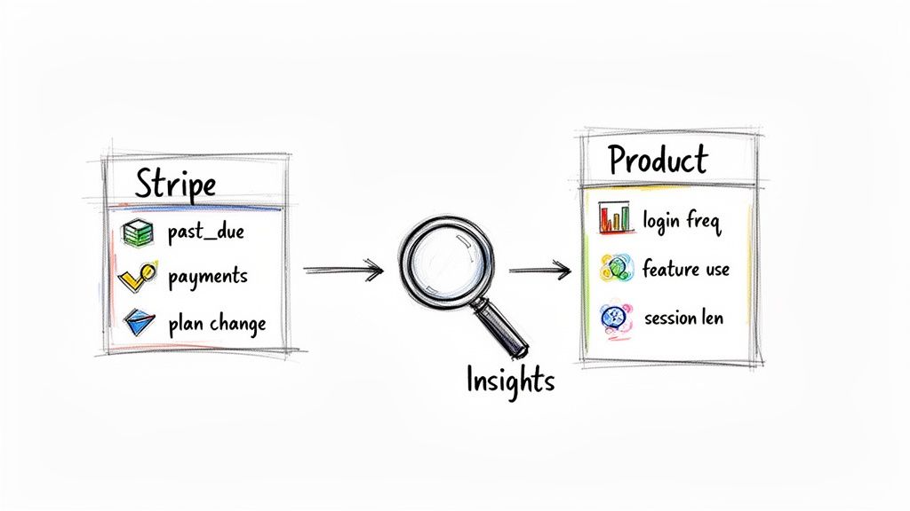 Diagram showing Stripe billing and product usage data analyzed for customer insights.