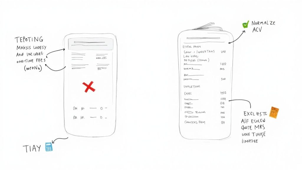 Sketches illustrating a comparison between incorrect inclusion of one-time fees and correct normalization of ACV with exclusions.