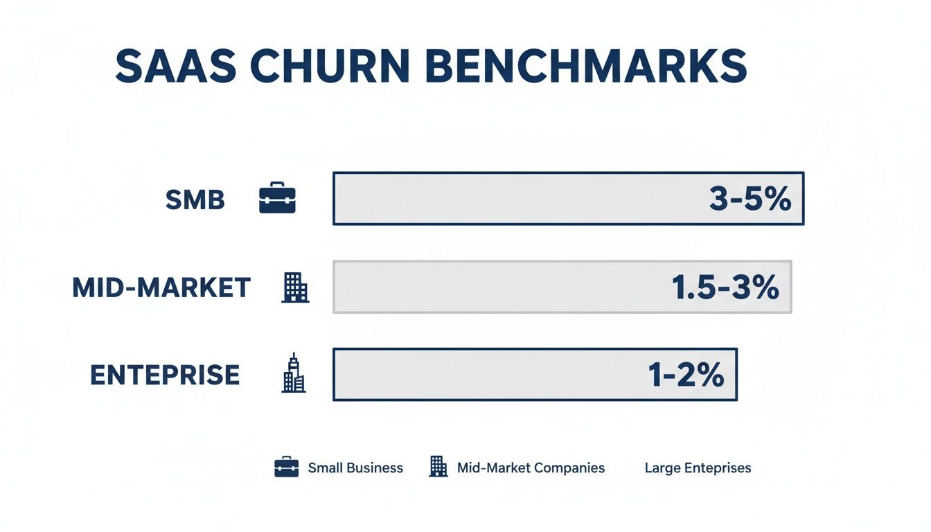 SaaS churn benchmarks for SMB (3-5%), Mid-Market (1.5-3%), and Enterprise (1-2%) companies.