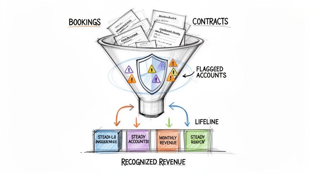 Diagram illustrating a revenue funnel: bookings and contracts are filtered, identifying flagged accounts, leading to recognized revenue categories.