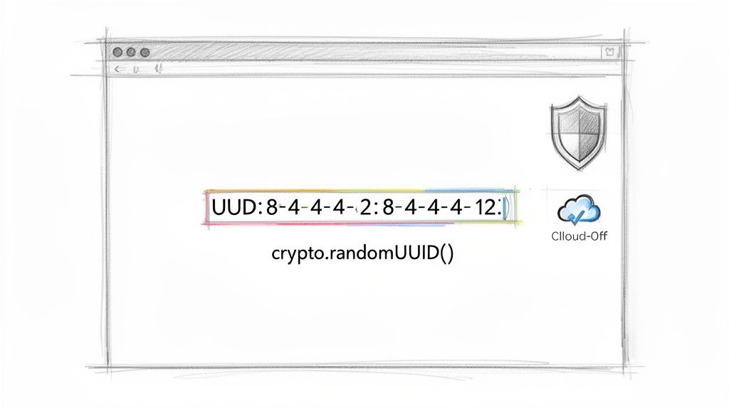 A hand-drawn browser window displaying a UUID string and the JavaScript crypto.randomUUID() function, with security and cloud icons.