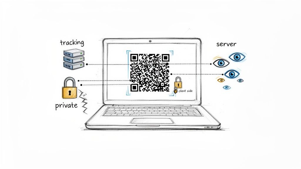 A diagram illustrates a QR code on a laptop, depicting concepts of tracking, privacy, and server interaction.