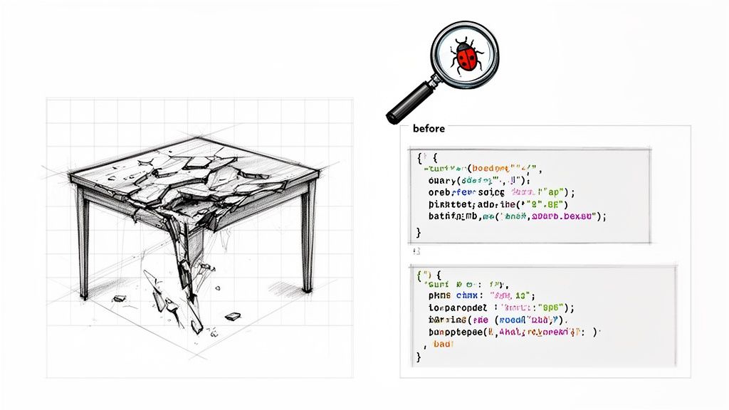 An illustration of a broken table next to code, with a magnifying glass and a ladybug representing bug fixing.