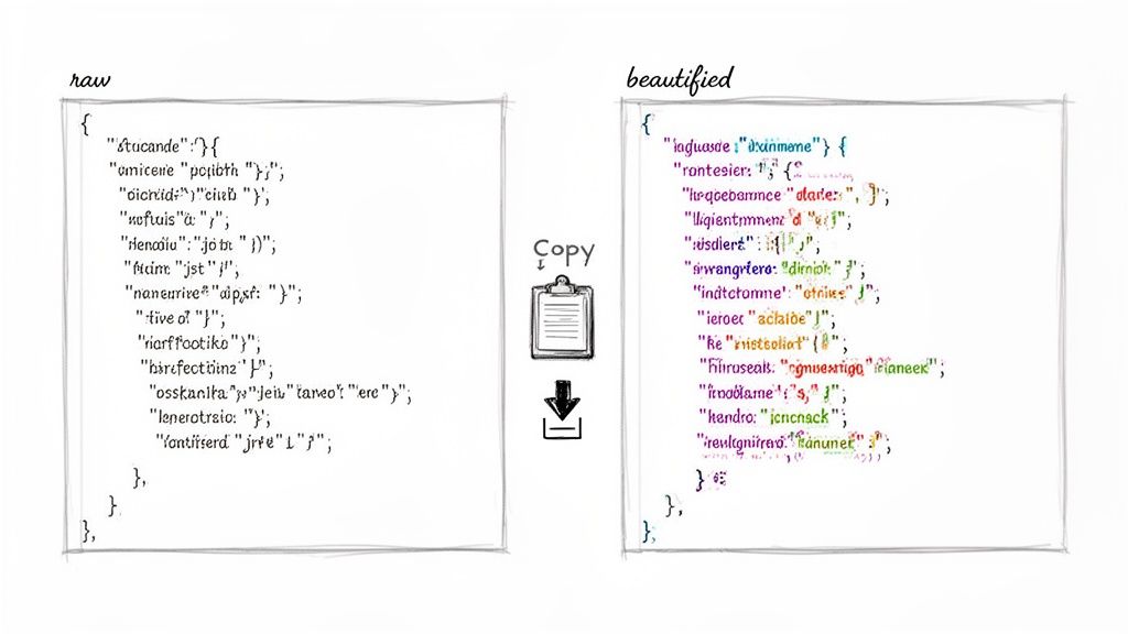 Comparison of raw, unformatted JSON text and a beautified, color-coded, indented version.