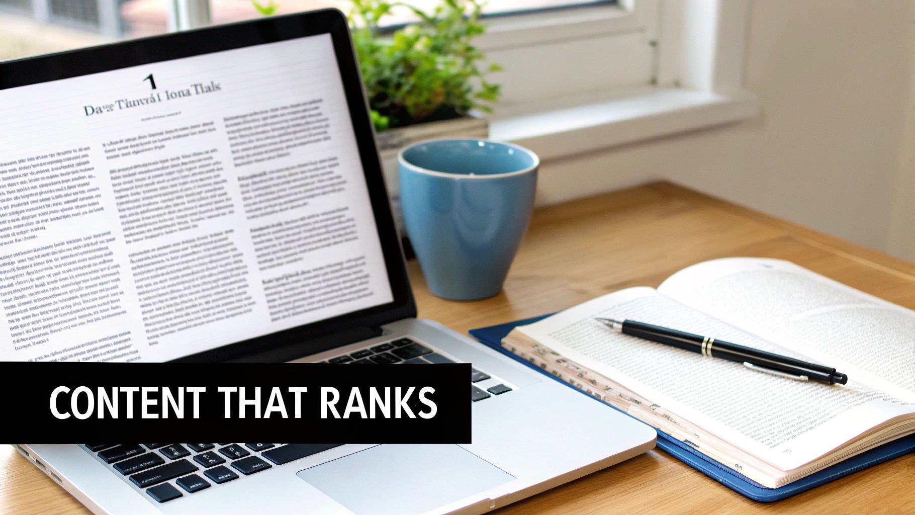 A home office desk with a laptop displaying a document, a blue mug, a plant, an open book, and a pen.