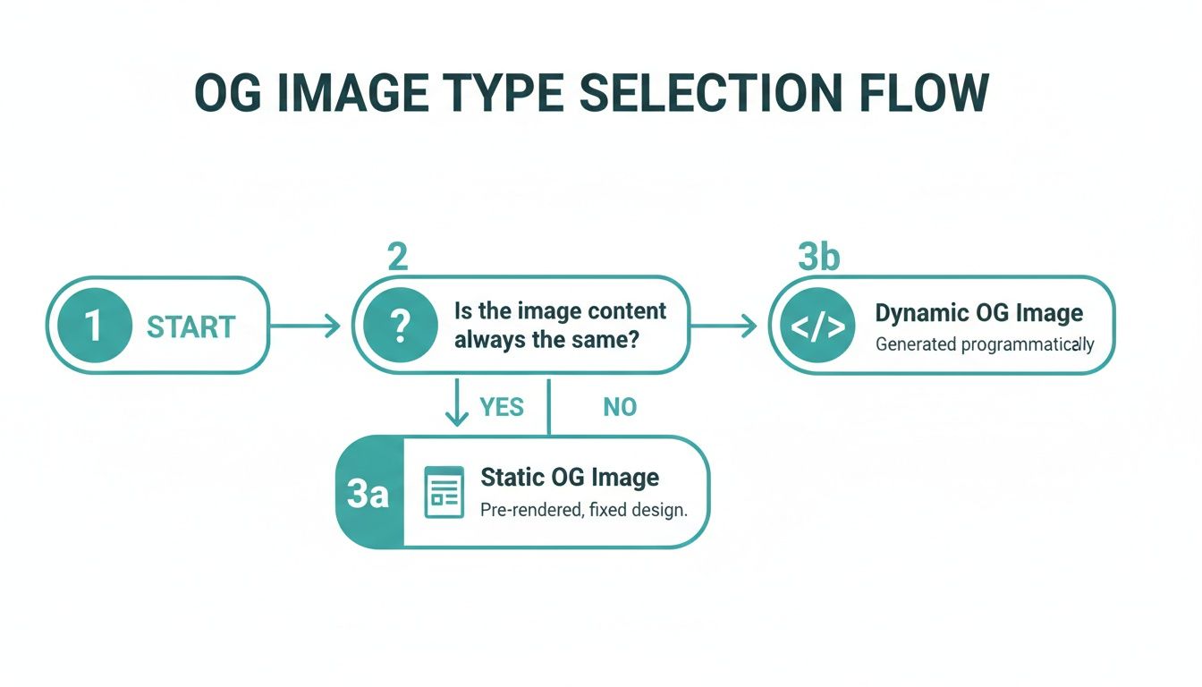 Flowchart detailing the selection process for Open Graph image types, distinguishing between static and dynamic based on content consistency.